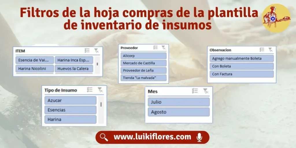 filtros de compras de la plantilla de inventario de insumos para panaderias en excel
