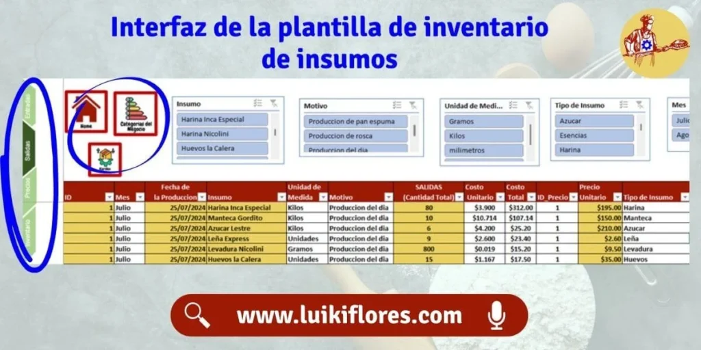 interfaz de la plantilla de inventario de insumos para panaderias en peru